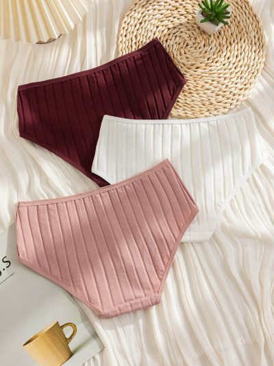 3-Piece Ribbed Cotton Women’s Brief Panty Set – High Comfort Soft Stretch Everyday Underwear in Burgundy, White & Dusty Pink