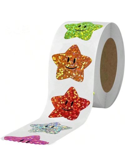 Colorful Glitter Star Sticker Roll – Cute Smiley Holographic Reward Labels for Kids and Crafts