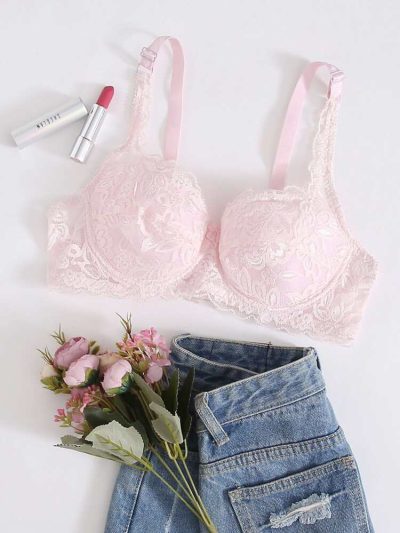 Women’s Floral Lace Underwire Bra – Light Pink Padded Support Bra with Adjustable Straps for Everyday Elegance