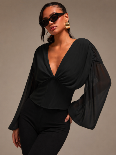 SHEIN Black Deep V Sheer Sleeve Top