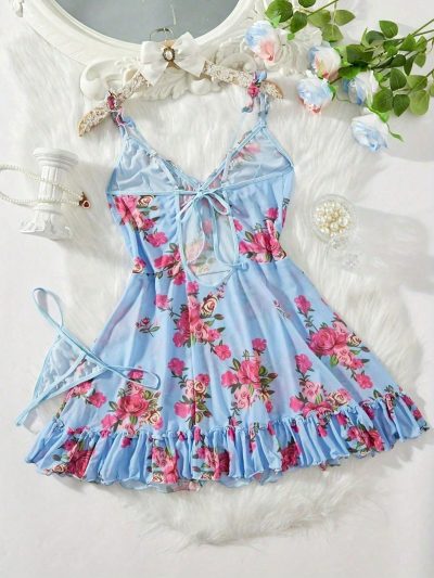 SHEIN Blue Floral Lace Trim Cami Nightdress Set - SHEIN Fast Delivery in 5 Days