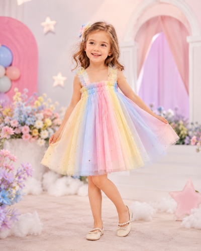 Girls Pastel Rainbow Tulle Dress with Star Print