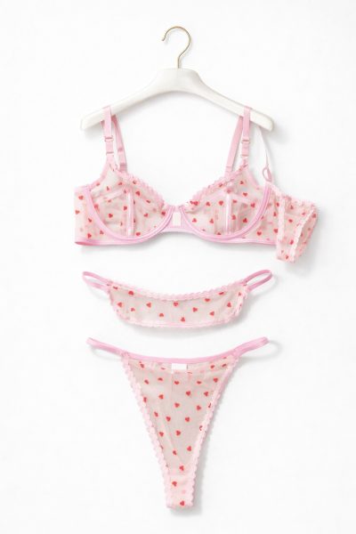 Sweetheart Mesh Lingerie Set – Pink Sheer Heart Print Bra & Thong Set for Women
