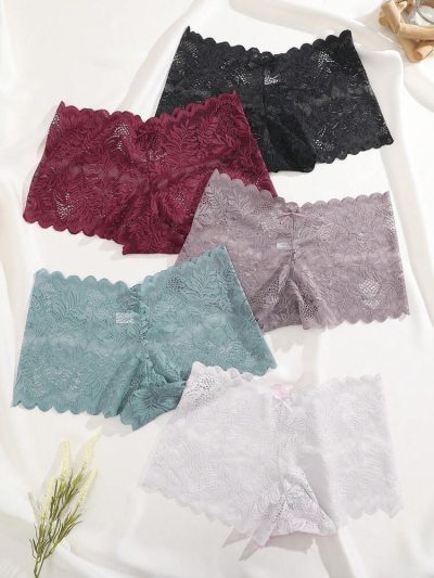 4-Pack Women’s Lace Boyshort Panties Set – Black, Burgundy, Gray & White