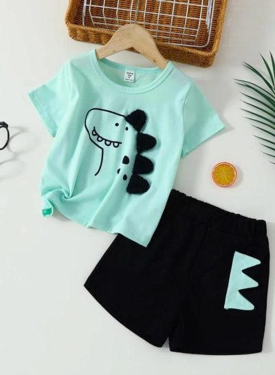 Boys Mint Dinosaur T-Shirt & Black Shorts Set – 2 Piece Summer Kids Outfit, Fast Delivery in 5 Days