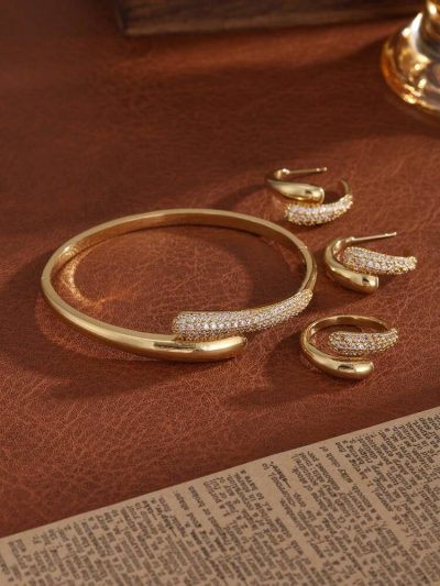 3 Piece Gold Tone Jewelry Set – Crystal Cuff Bracelet with Hoop Earrings and Ring for Women