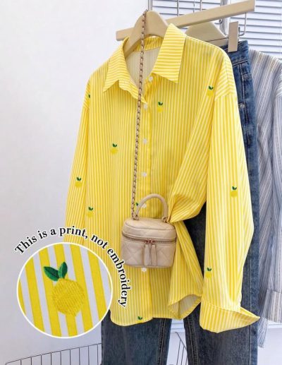 Yellow Lemon Print Striped Oversized Shirt – SHEIN Fast Delivery in 5 Days