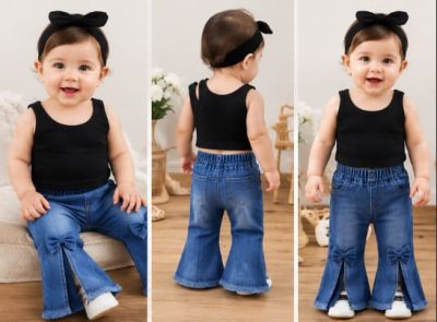 Baby Girls Black Sleeveless Top & Blue Denim Flared Pants Set – Casual Outfit
