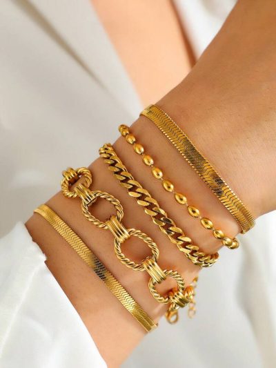 5 Piece Gold Tone Layered Bracelet Set – Chain Link Beaded and Herringbone Stackable Bracelets – Women Jewelry