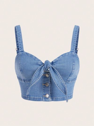 SHEIN Women’s Blue Denim Tie Front Crop Top