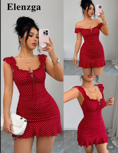 Elenzga Women’s Red Polka Dot Ruffle Mini Dress