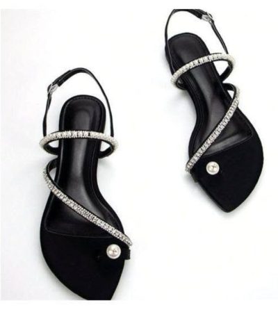 SHEIN Black Rhinestone Strap Pointed Flat Sandals - SHEIN Fast Delivery in 5 Days