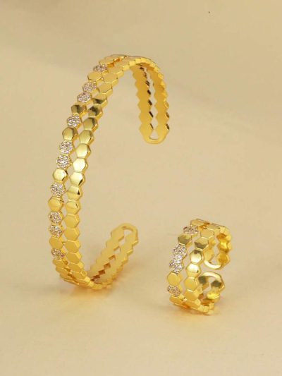 Women Luxury Honeycomb Bracelet & Ring Set – Gold Crystal Hexagon Jewelry Set
