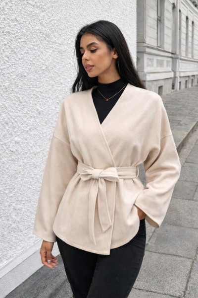 Women’s Apricot Wrap Front Wool-Feel Jacket – Belted Kimono Coat – Minimalist Loose Fit Outerwear – Elegant Casual Layer