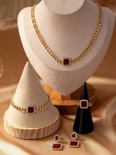 Women Luxury Jewelry Set – Gold Chain Necklace Bracelet Ring Earrings with Red Crystal