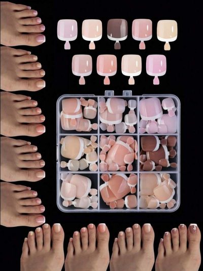 216PCS French Style Press On Toenails Set – Natural Glossy Full Cover Pedicure Kit