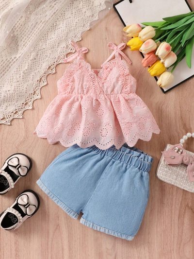 Baby Girl Lace Cami Top & Denim Shorts Set – 2-Piece Summer Outfit