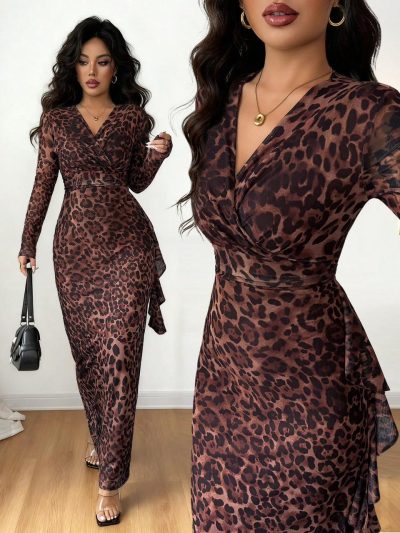SHEIN Women’s Leopard Print Long Sleeve Maxi Dress – Wrap Style Evening Dress, SHEIN Fast Delivery in 5 Days